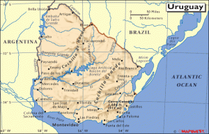 Uruguay: Wedged between Brazil to the east and Argentina to the west.  A veritable pearl, possibly